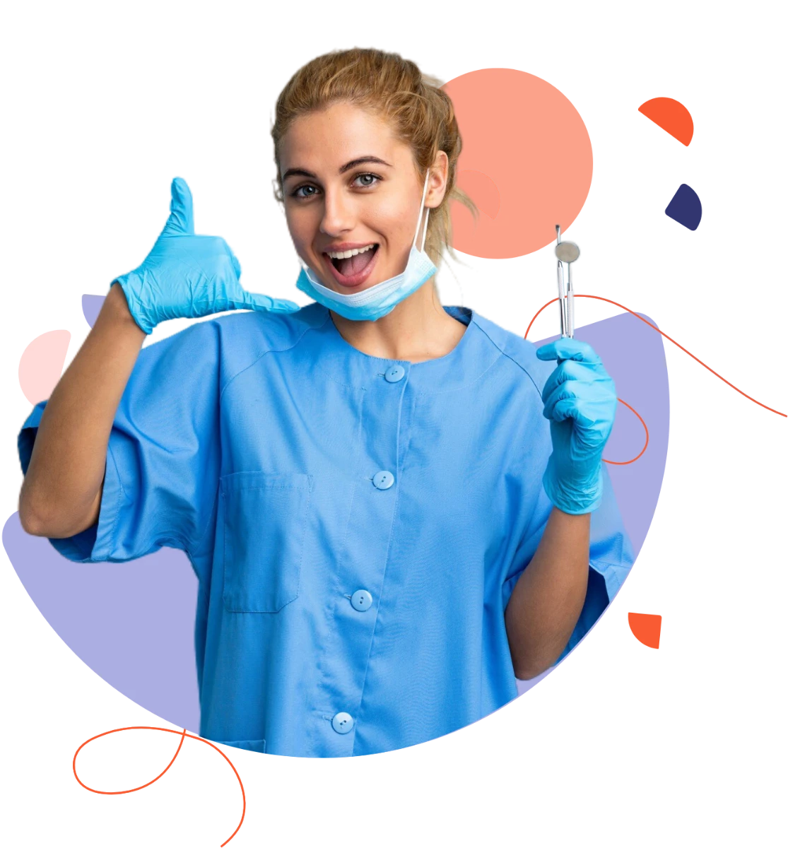 Medic dentist tânără în halat albastru, cu mănuși, ținând instrumente dentare și făcând semn de aprobare