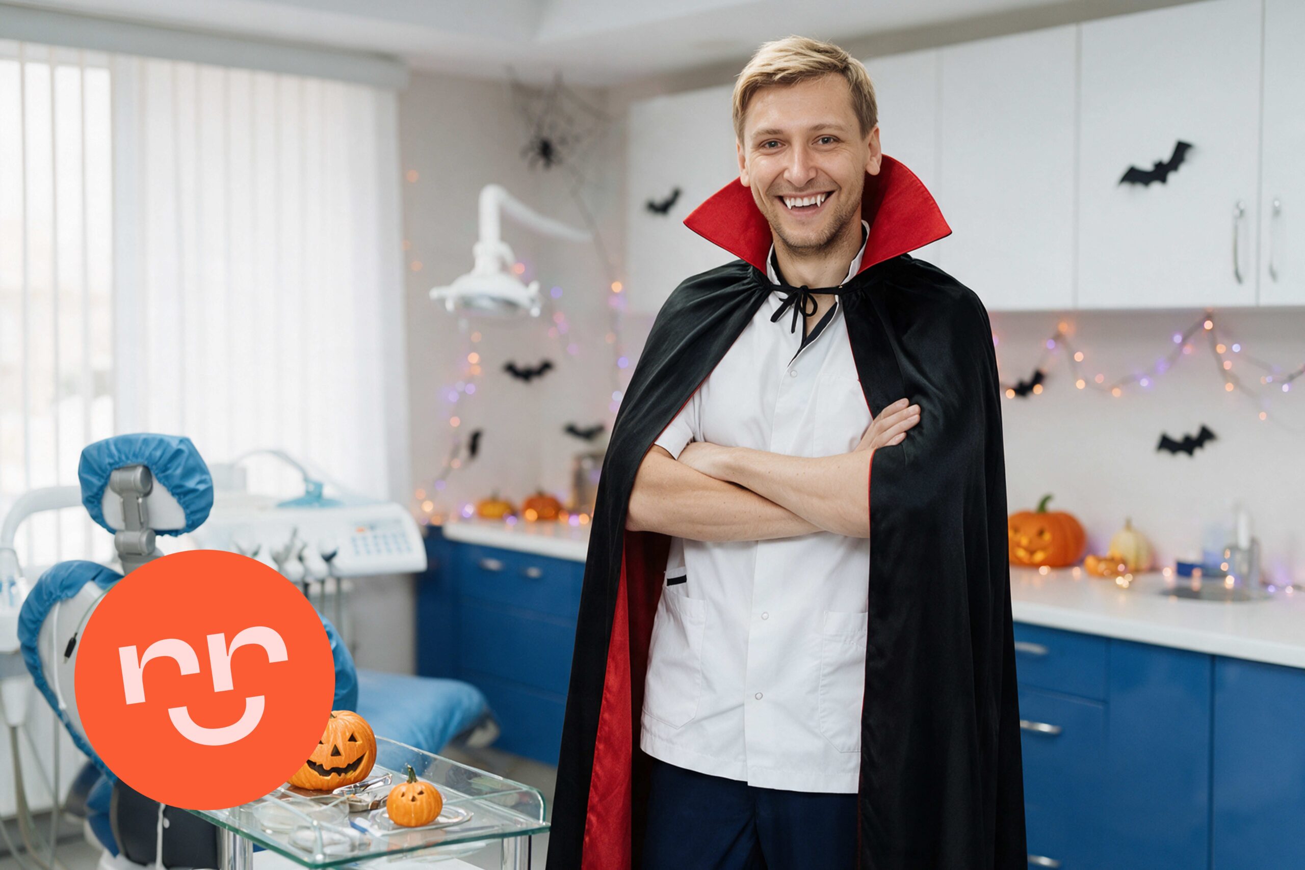 Medic stomatolog zâmbitor, în costum de Halloween, într-un cabinet decorat cu dovleci și lumini